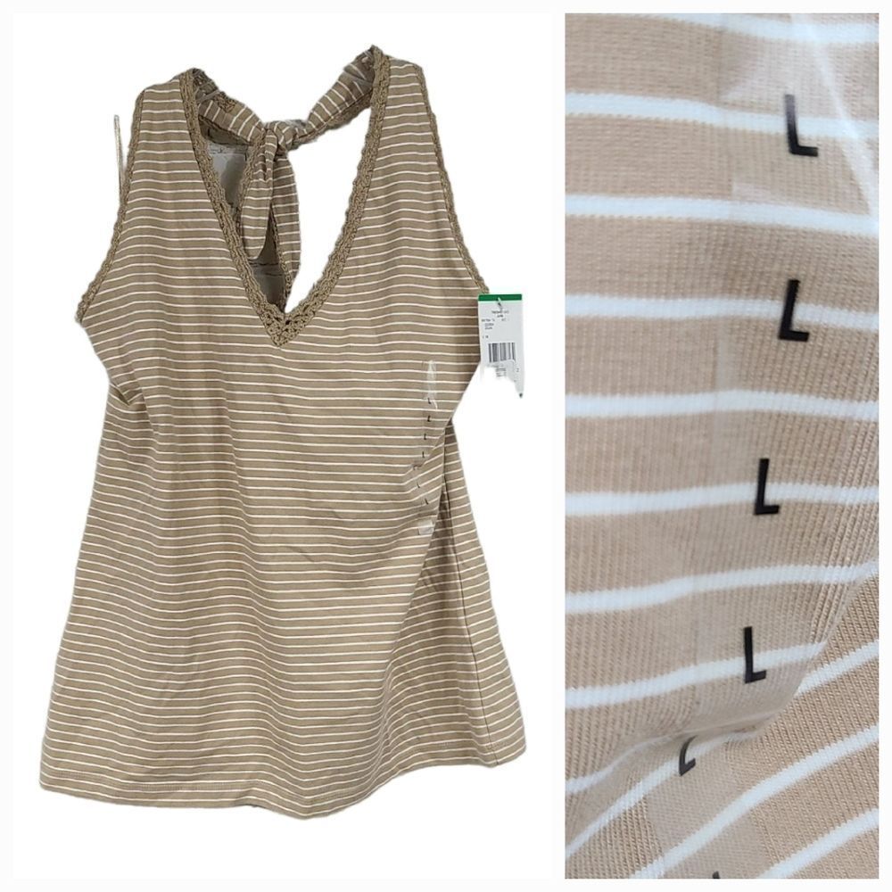 Jones New York Tan Stripe Lace Halter Top Shelf Bra Backless T-Shirt Large- NWOT
